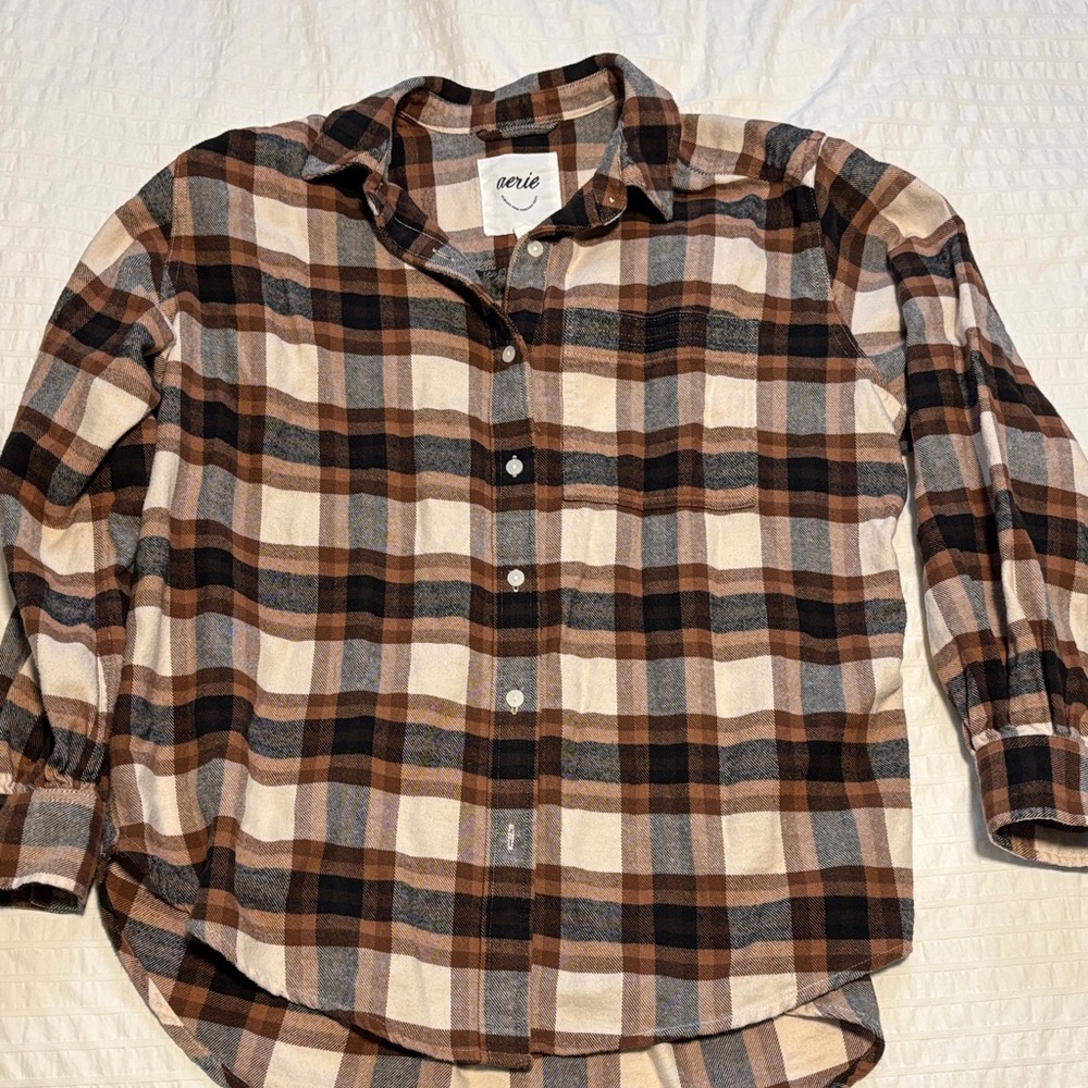 Aerie Women’s Black Brown Plaid Flannel Shirt